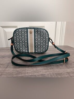 Tory Burch Teal Patterned Crossbody with Cream Stripe